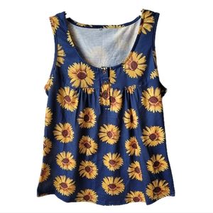 Patpat Navy Blue Sunflower Print Sleeveless Scoop neck Flowy Tank Top Tunic LG